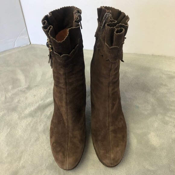 Belle Brown Suede Heeled Mid Calf Side Zip Boot Size 7 - Picture 4 of 16